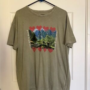 aerie Olive Short-Sleeve Tee with Red Heart Border and Nature Graphic